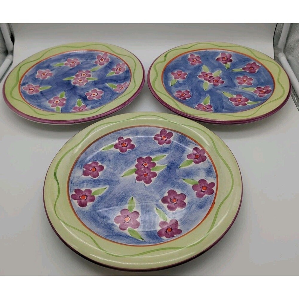 3 Vtg CIC Coupe Dinner Plates  Green Rim Pink Flowers Spring Summer Floral